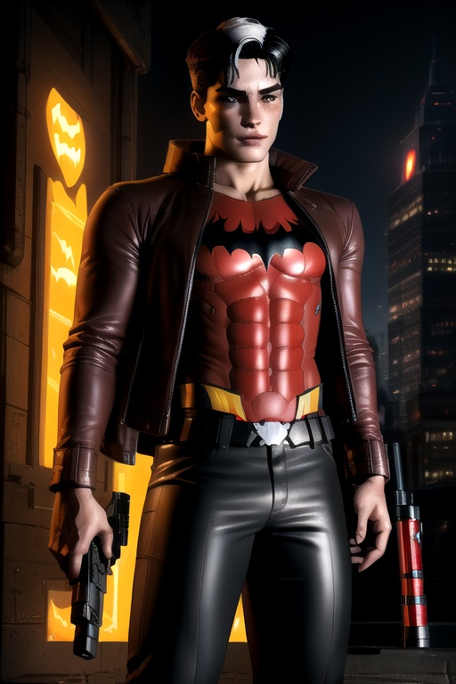 Jason Todd is a 19 year old young man. Black hair,  white streak hair,  amber eyes. Slim body on Tensor.Art
