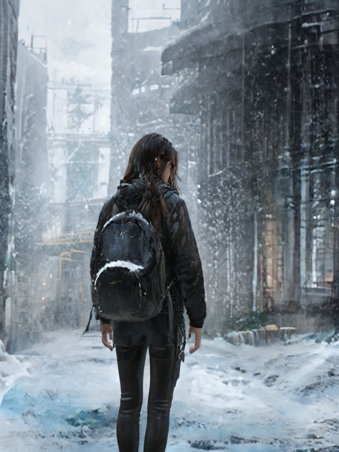 1girl, solo, long hair, brown hair, black hair, standing, jacket, outdoors, bag, from behind, coat, backpack, building, scenery, snow, snowing, wide shot