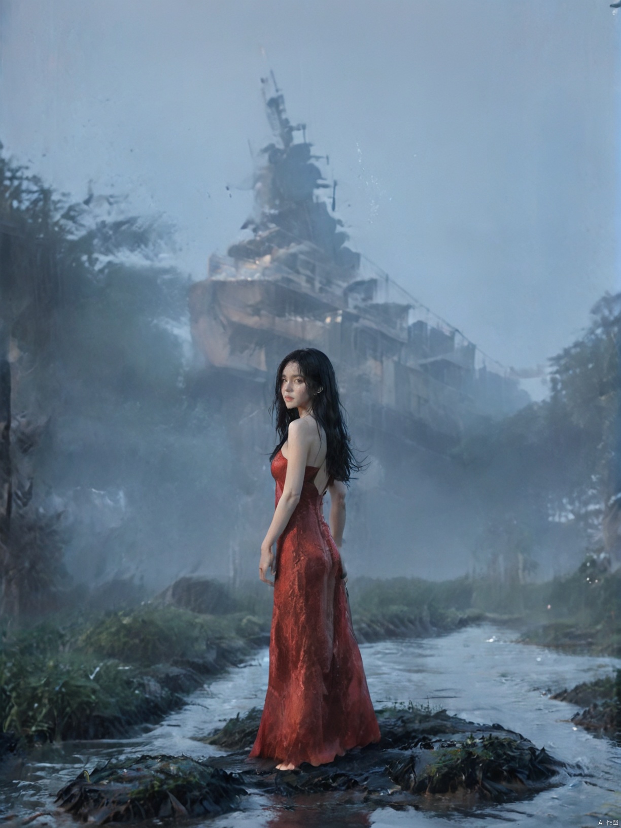 1girl, solo, long hair, black hair, dress, standing, barefoot, water, red dress