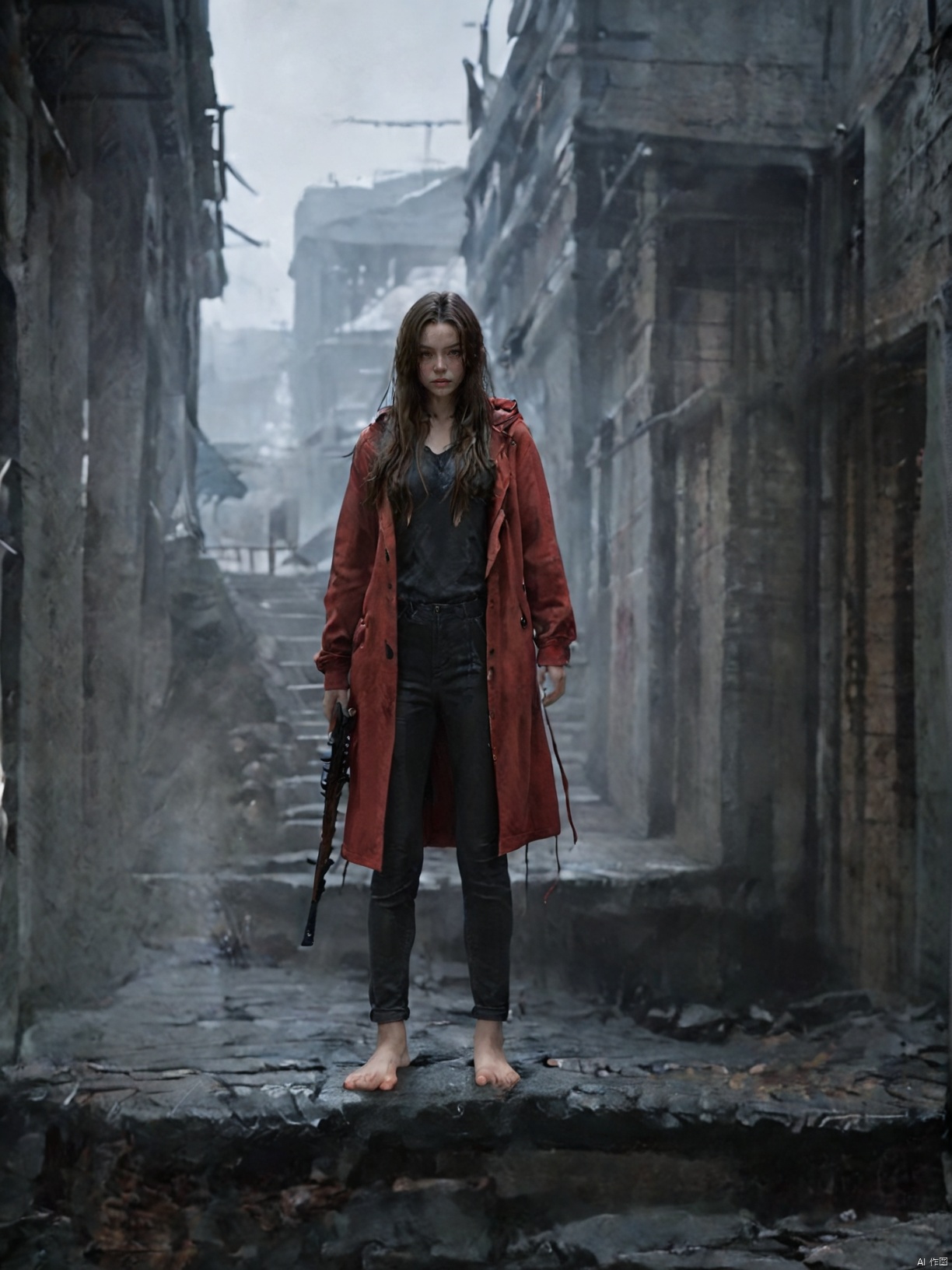 1girl, solo, long hair, brown hair, long sleeves, standing, weapon, barefoot, hood, coat, hood up, stairs, red coat