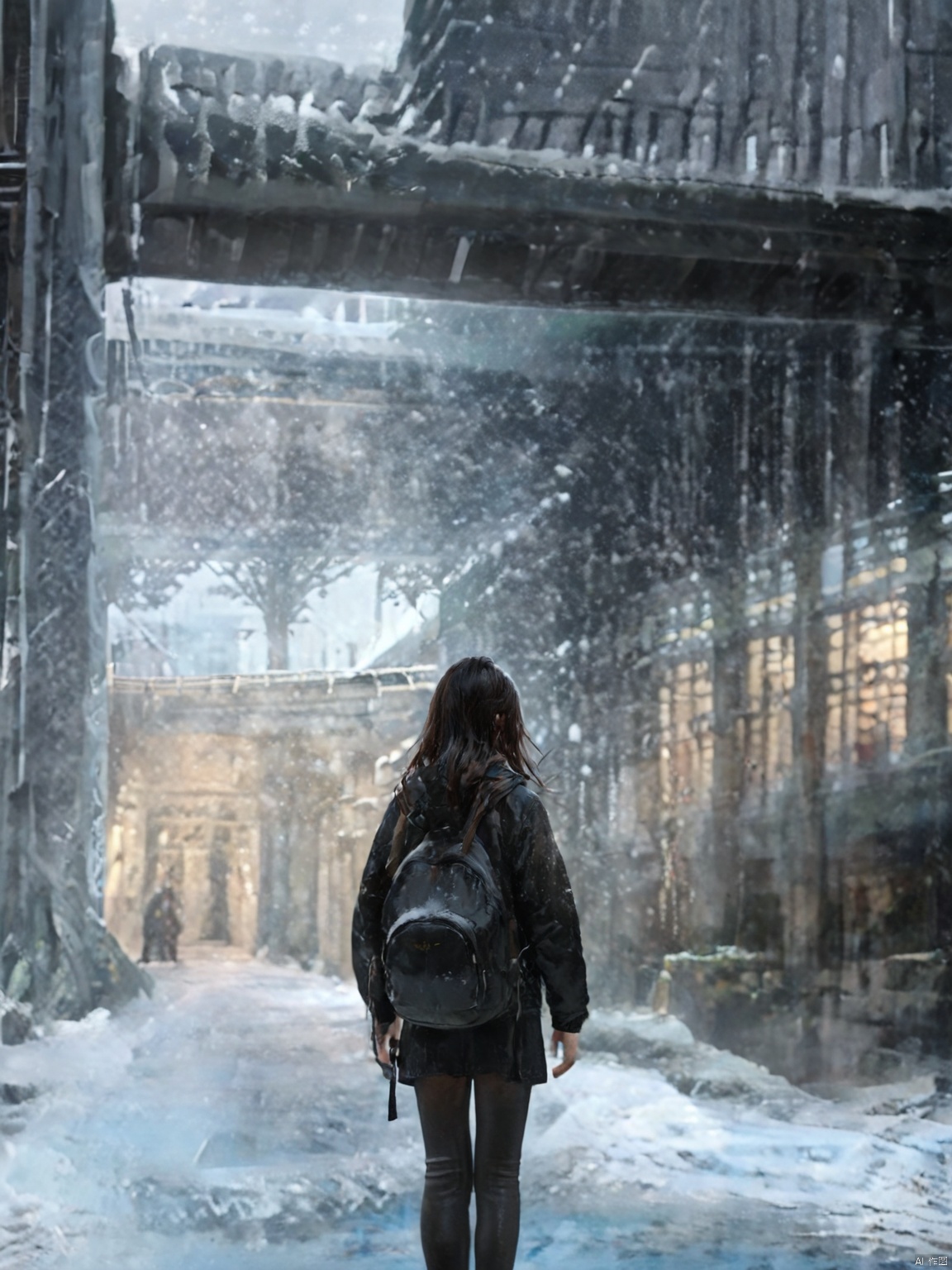 1girl, solo, long hair, brown hair, black hair, standing, jacket, outdoors, bag, from behind, coat, backpack, building, scenery, snow, snowing, wide shot