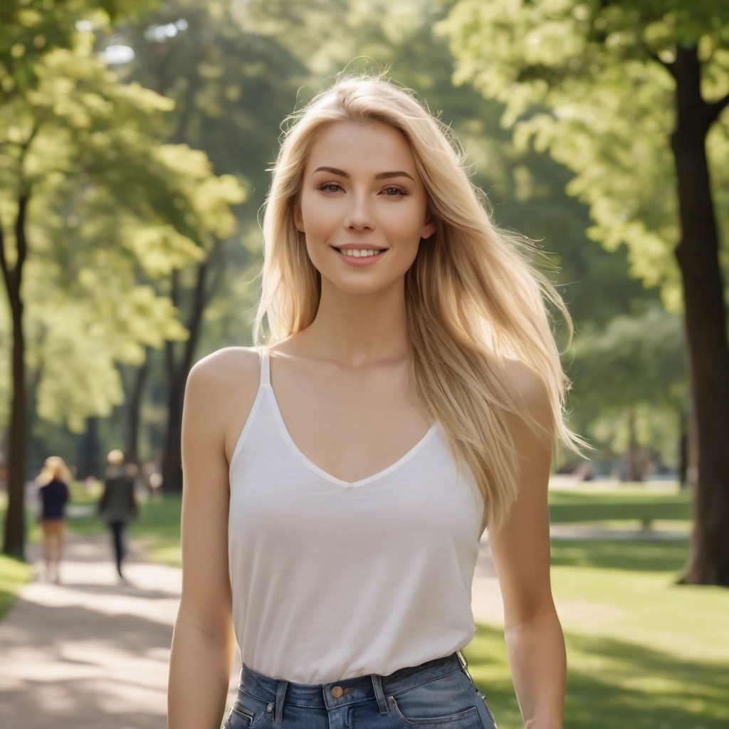 Generate hyper realistic image of a woman with straight blonde hair in a photorealistic scene,  taking a leisurely stroll...