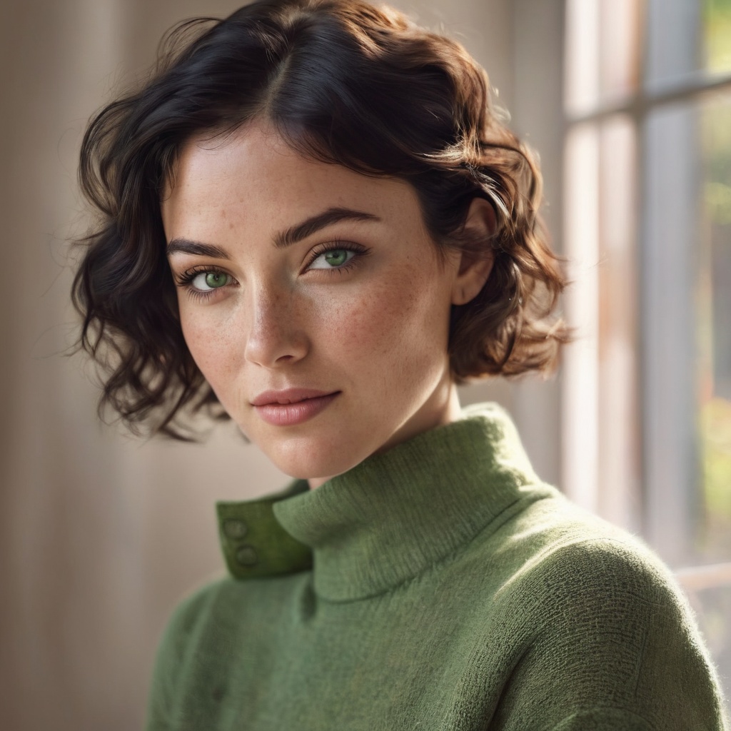 Generate hyper realistic image of a photorealistic portrait of a woman with short black wavy hair,  a subtle smile,  and f...