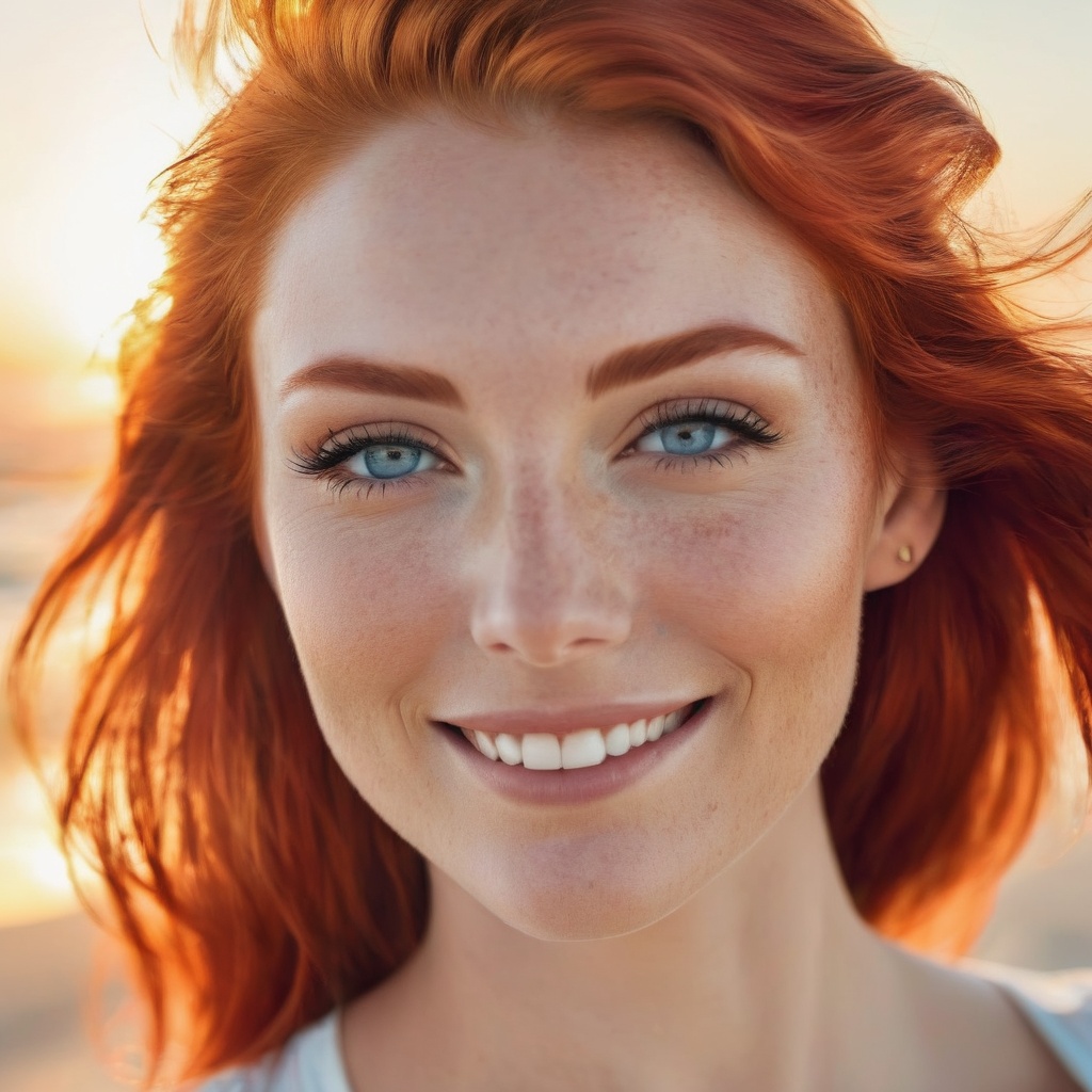 Generate hyper realistic image of a woman with striking red hair up close,  smiling with the backdrop of a beach at sunset...