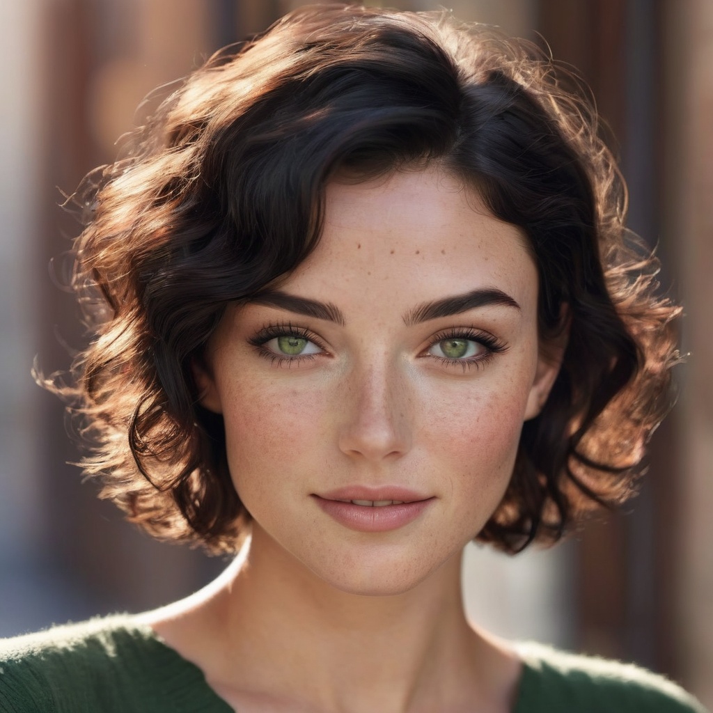 Generate hyper realistic image of a photorealistic portrait of a woman with short black wavy hair,  a subtle smile,  and f...
