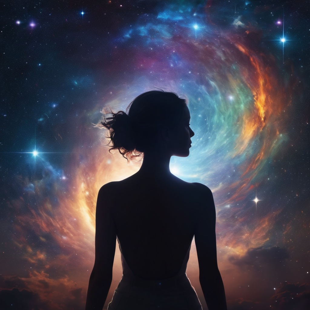 Generate hyper realistic image of a woman's silhouette against a backdrop of celestial phenomena—shooting stars,  nebulae,...
