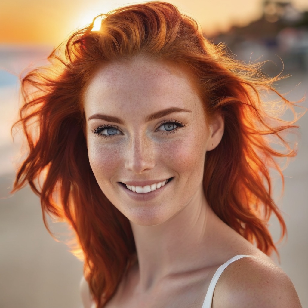 Generate hyper realistic image of a woman with striking red hair up close,  smiling with the backdrop of a beach at sunset...