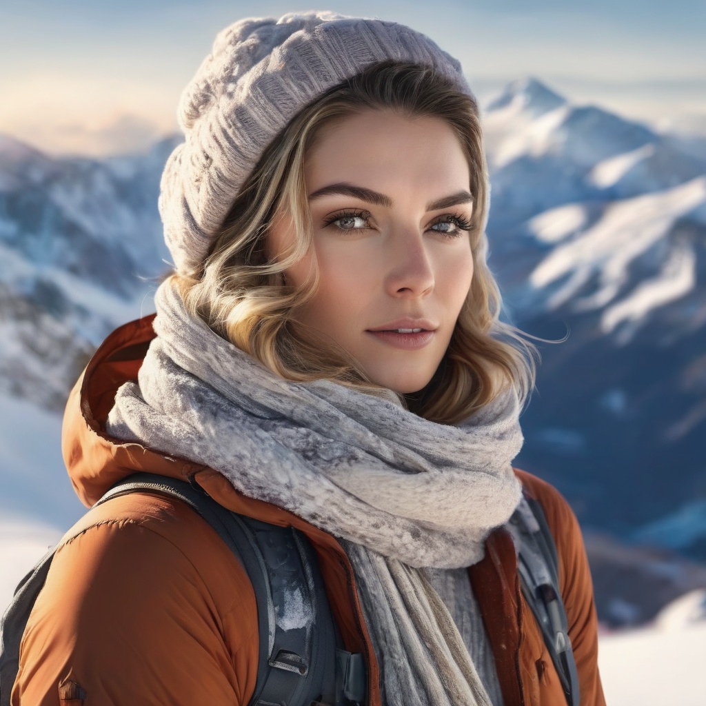 Generate hyper realistic image of a woman on a snowy mountain peak,  her upper body covered in warm winter layers. The pos...