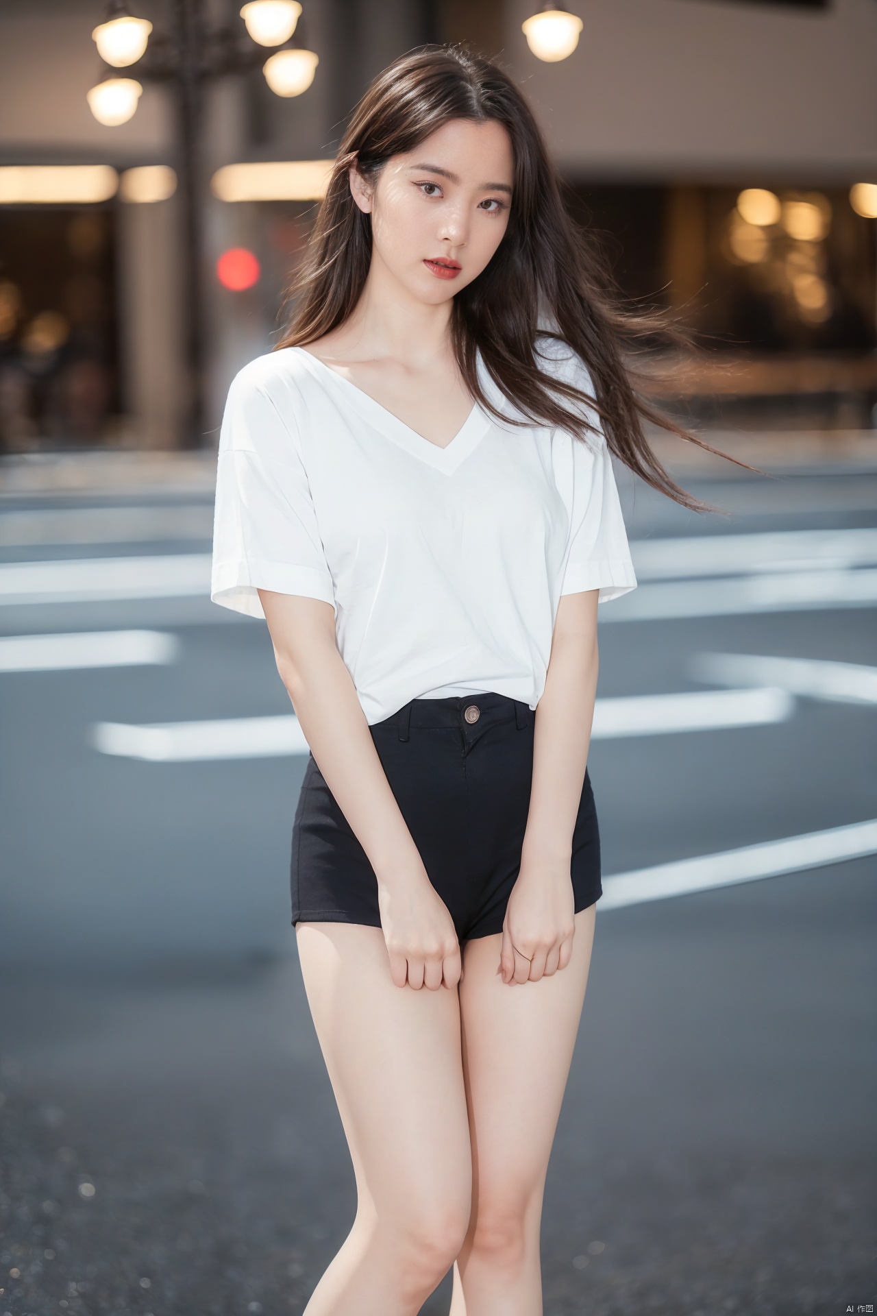  (masterpiece, best quality, full body,ultra high res, photorealistic, realistic, raw photo, real person, photograph), (amazing, finely detail, an extremely delicate and beautiful, sharp focus), 1girl, solo, on the busy street,brown hair , Wide angle, large aperture,（brown mini skirt,standing,Transparent tight shorts,over-the-knee stockings,Short sleeved,,deep v neck）,,moyou, nana
