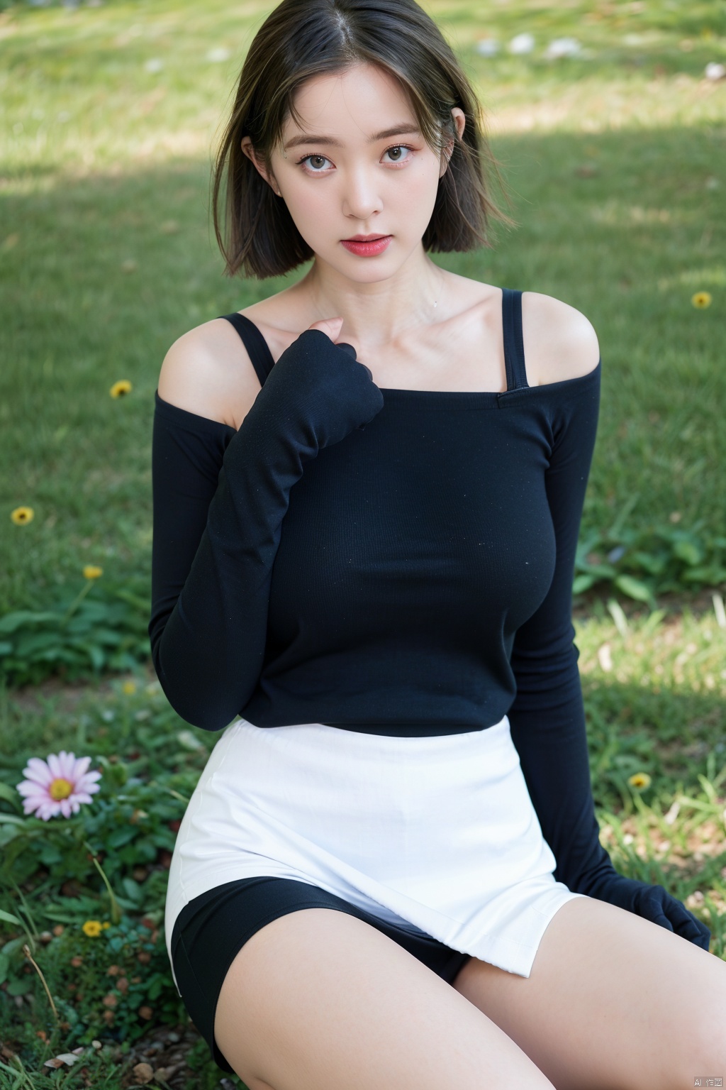 1girl, breasts, cleavage, solo, blonde hair, gloves, skirt, sitting, large breasts, looking at viewer, outdoors, blue eyes, black gloves, field, bare shoulders, parted lips, short hair, blurry background, white skirt, flower, shirt, black shirt, artist name, day, collarbone, thighs, blurry, lips, nana