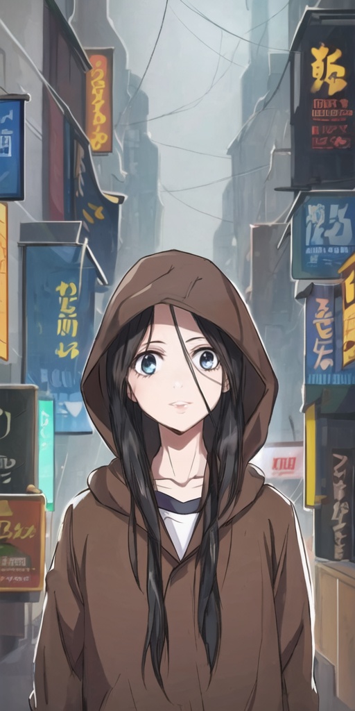 Generate hyper realistic image of a solitary girl in a cyberpunk cityscape,  her upper body shrouded in a hood against the...