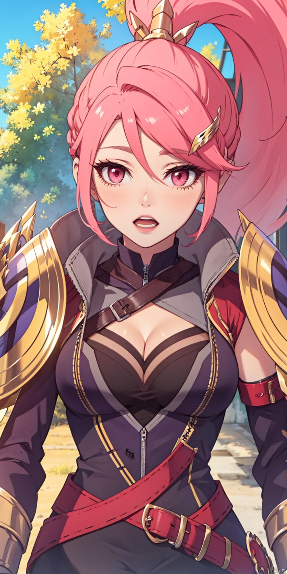 1girl, solo, long hair, breasts, open mouth, hair ornament, cleavage, upper body, ponytail, pink hair, outdoors, pink eyes, armor, shoulder armor