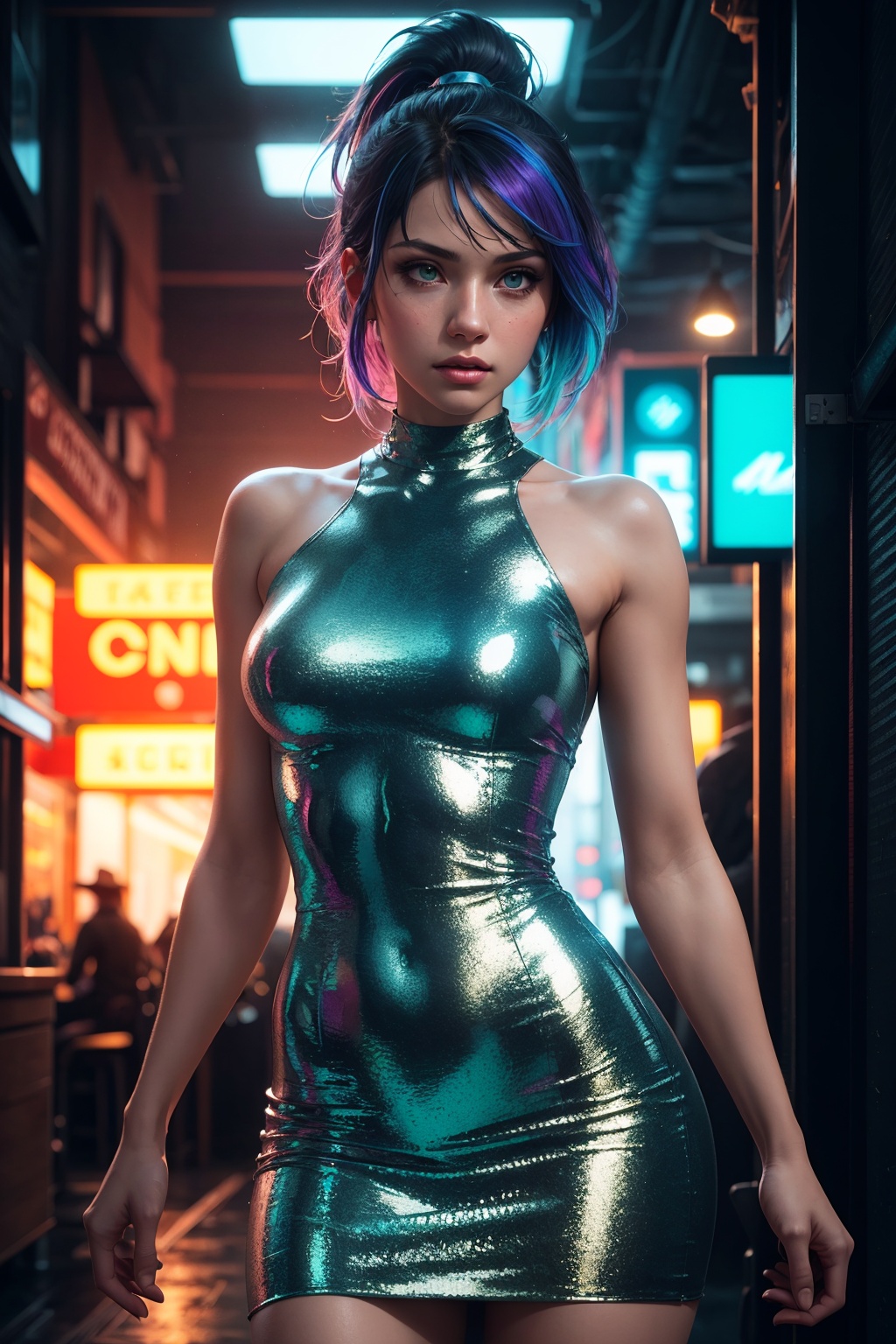 rainbow hair,  wearing metallic iridescent dress,  young round cute face on Tensor.Art