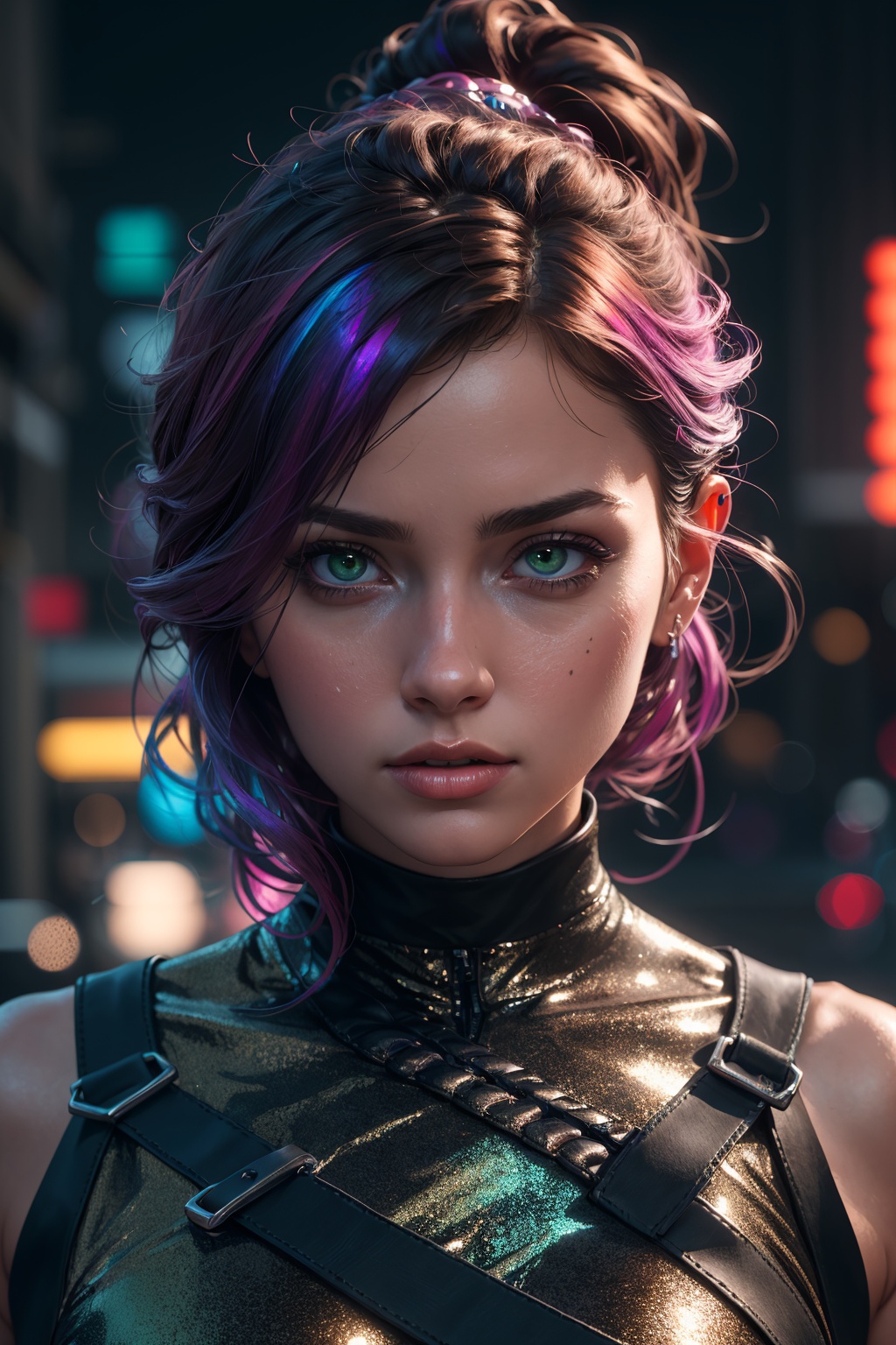 rainbow hair,  wearing metallic iridescent dress,  young round cute face on Tensor.Art