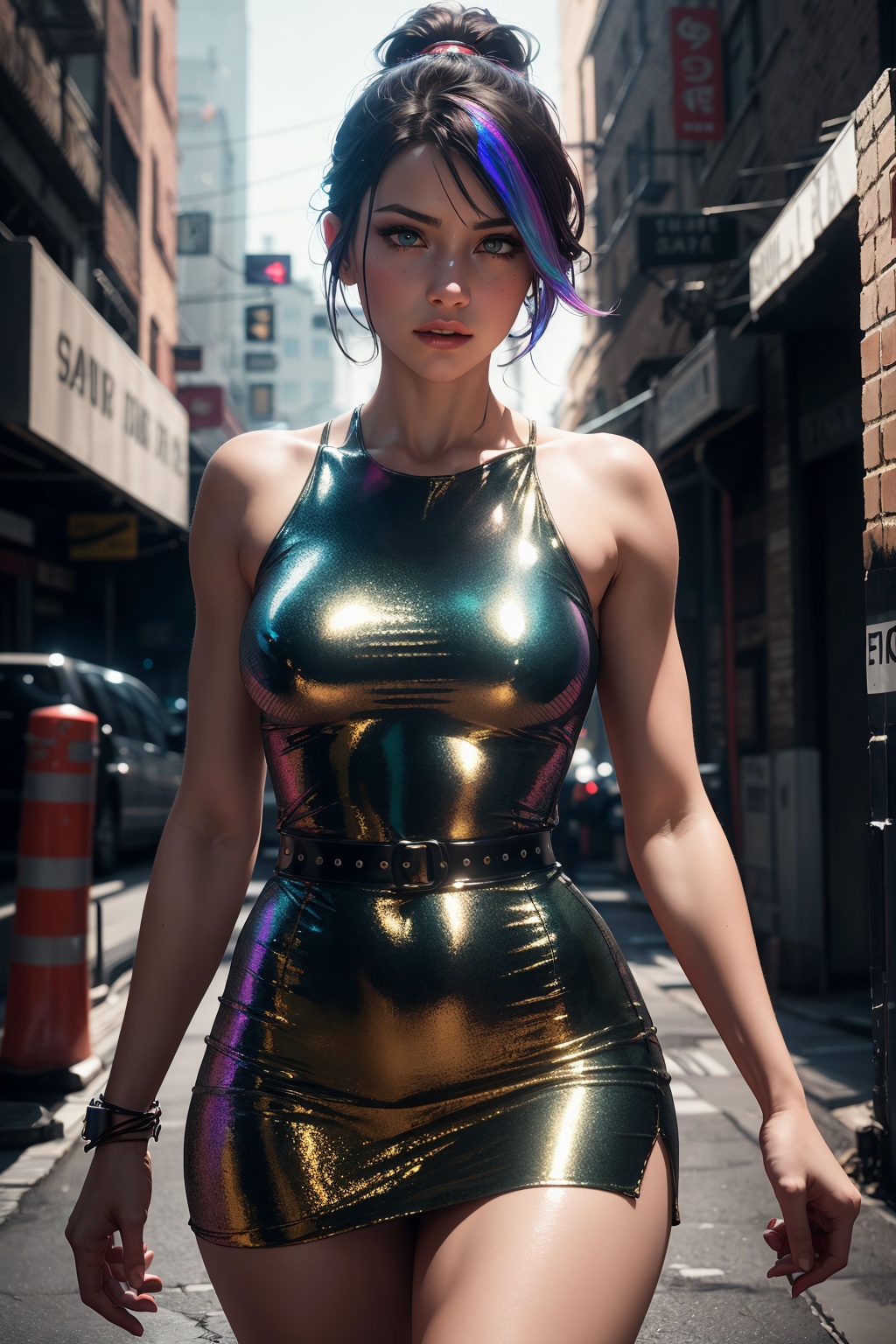 rainbow hair,  wearing metallic iridescent dress,  young round cute face on Tensor.Art