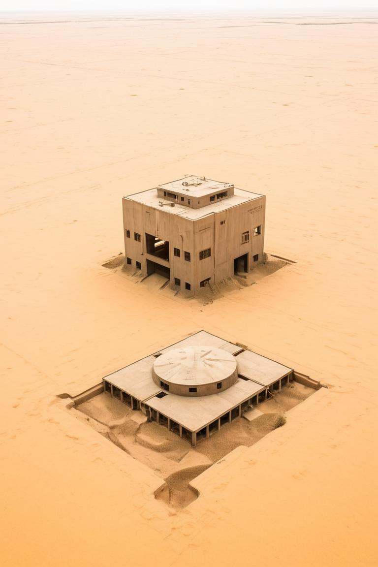 A secret military base in Shamoli,  a simple geometric volume,  partly buried in the sand,  and partly a magical device floating in the air industrialbuilding,  industrialbuilding,<lora:EMS-61413-EMS:0.400000>,<lora:EMS-274228-EMS:0.400000>,<lora:EMS-283796-EMS:1.000000>