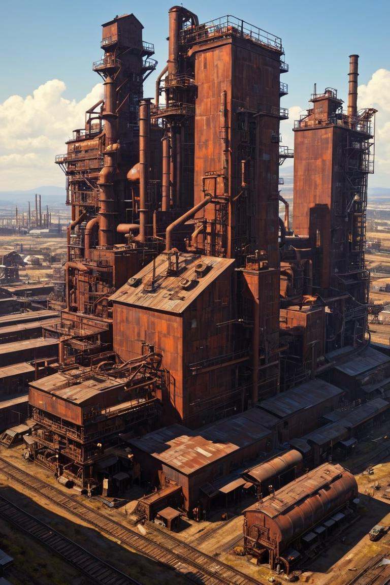 The complex cyberpunk machinery factory is manufacturing future colonial spaceships., industrialbuilding,  factory,  iron sheet,  cable,  truss,  steel_structure,  wire,  pipe,  machine,  antenna,  instrument,  equipment,  stairs,  railing,  railway_rails,  storage_barrels,  oil_tanks,  crane,  industrialbuilding,  rich light and shadow,  scifi,  realistic,<lora:EMS-274228-EMS:0.500000>,<lora:EMS-283796-EMS:1.000000>,<lora:EMS-61413-EMS:0.500000>