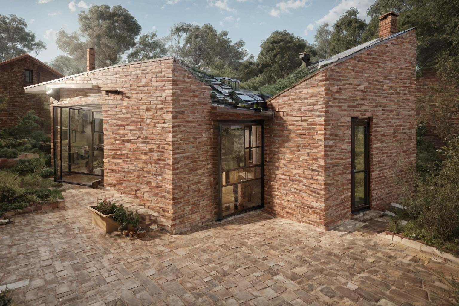 (a small house with chimney,  big window,  metal roof,  wooden floor:1.3),  (shot from outside,  extra long shot,  wide-angle lens,  POV,  DOF:1.2),  (direct sunlight,  dramatic lighting,  ray tracing,  clear shadow,  light pollution:1.1),  (harmonious color:1.1),  brickhouse,<lora:EMS-277822-EMS:0.800000>