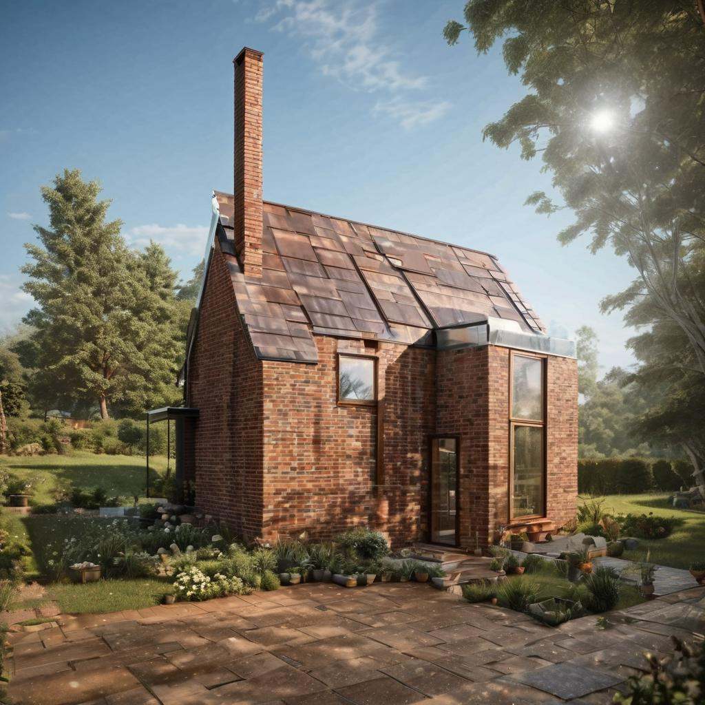 (a small house with chimney,  big window,  metal roof,  wooden floor:1.3),  (shot from outside,  extra long shot,  wide-angle lens,  POV,  DOF:1.2),  (direct sunlight,  dramatic lighting,  ray tracing,  clear shadow,  light pollution:1.1),  (harmonious color:1.1),  brickhouse,<lora:EMS-277822-EMS:0.800000>