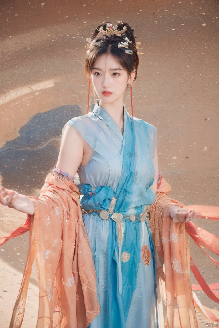  （ desert）Background,masterpiece, best quality, realistic, Highly detailed, simple background,yue,1girl, solo, yue , hair ornament , hanfu, 1girl