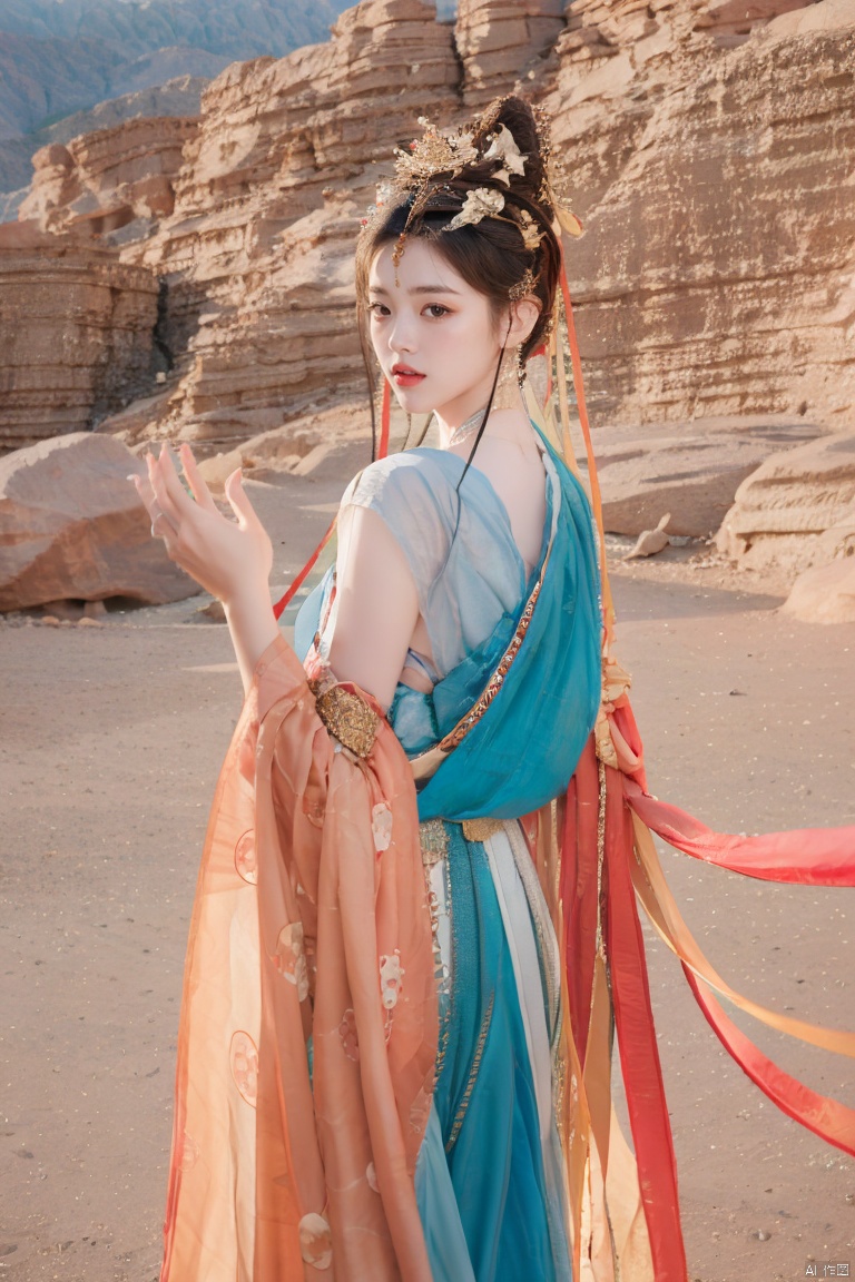  （ desert）Background,masterpiece, best quality, realistic, Highly detailed, simple background,yue,1girl, solo, yue , hair ornament , hanfu, 1girl