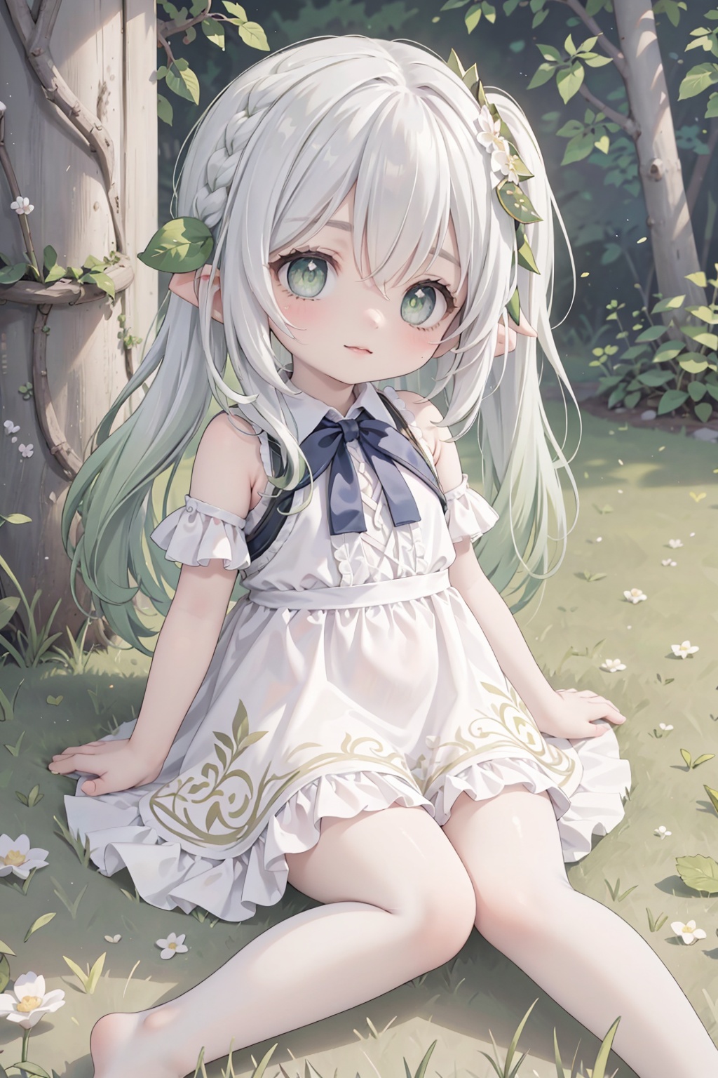 (masterpiece), (best quality), loli,grass,1girl,on_grass,flower,green_eyes,sleeves_past_wrists,sitting,smile,outdoors,bush,tree,plant,long_hair,ribbon,field,hair_ornament,braid,on_ground,solo,ahoge,neck_ribbon,day,nature,sunflower,looking_at_viewer,yellow_flower,long_sleeves,dress,