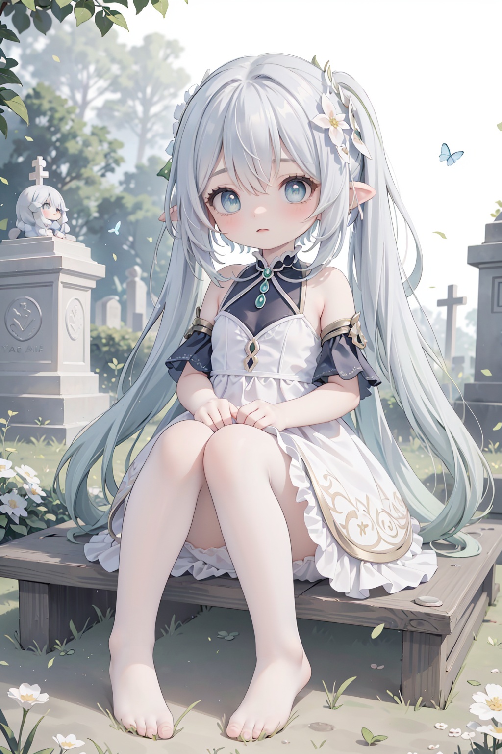 (masterpiece), (best quality), loli, dynamic angle,original,(an extremely delicate and beautiful),Perfect details,(ultra-detailed),illustration,(fantasy:1.3),(extremely detailed CG unity 8k wallpaper),(depth of field),(full body:1.233),(Livy Irwin), (white background:1.45),(transparent background:1.3),(Circular background:1.27), (1girl:1.314),detailed face,(++(A pale complexion:1.414)//),(azure blue eyes:1.233),(glowing eyes:1.233),(detailed eyes),(Silver hair:1.14),(+(hair flower:1.14)),(expressionless,closed mouth),(lolita fashion:1.14),(sitting), (abysmal sea),(flowing water),(a dull blue world tree:1.14,in the cemetery:1.233),(night:1.2),dreamy,soul,(yubao:0.5),(fluorescence),(flying translucent blue butterflies:1.15),