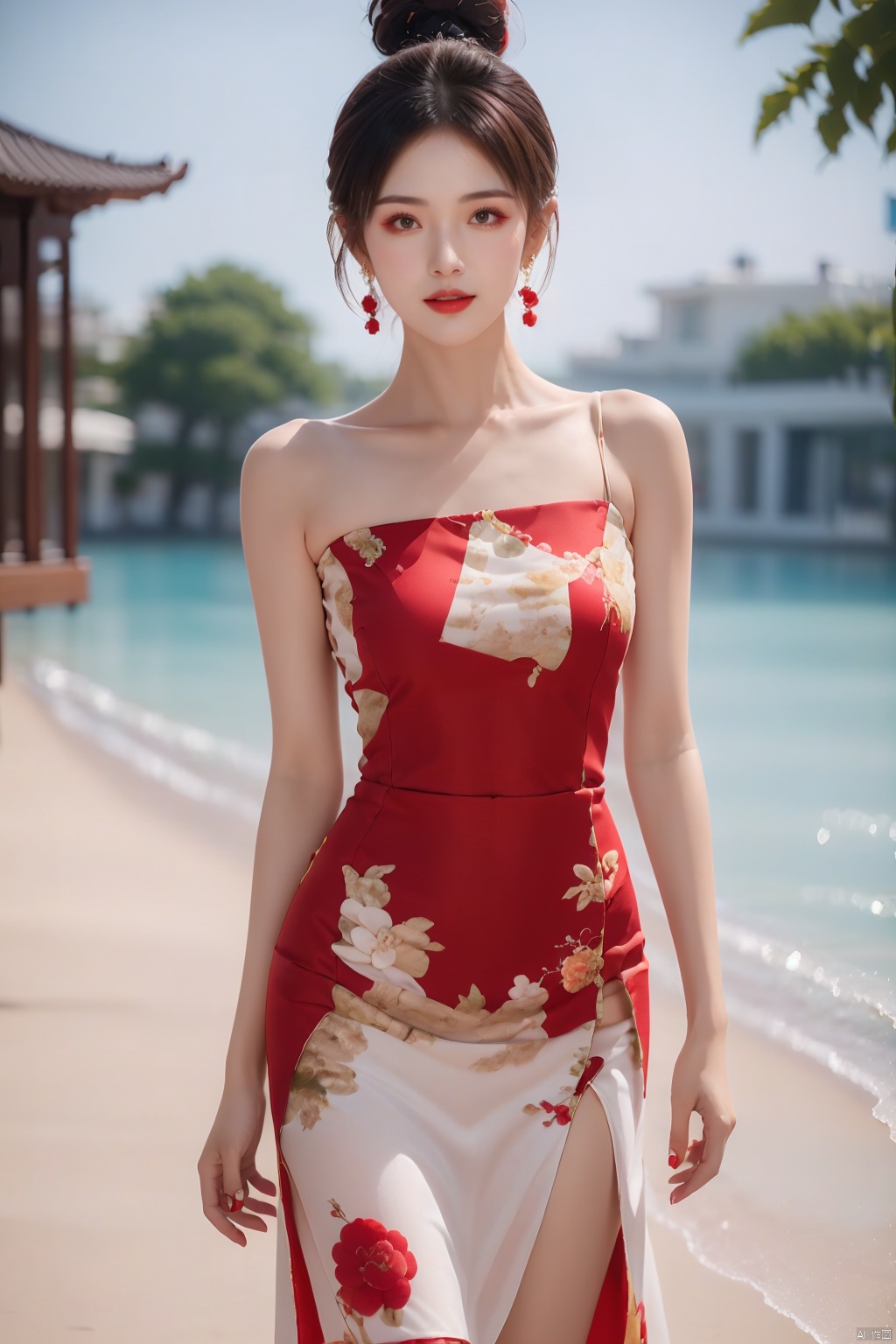  1girl,idol,china_dress,chinese_style,sundress,summer_dress,petal_print,crystal_earrings,incredibly absurdres,realistic,photo_(medium),blurry,waterpark,medium_shot,