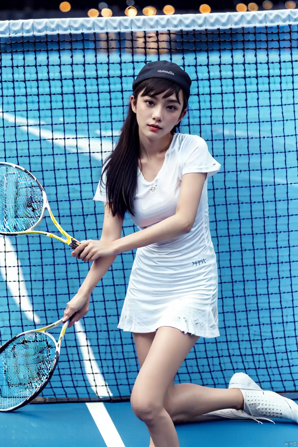 (masterpiece,best quality:1.5), ultra realistic,1girl, long hair, straight hair, portrait, mysterious forest, firefly, bokeh, mysterious, night, sky, cloud, hat, holding a tennis racket