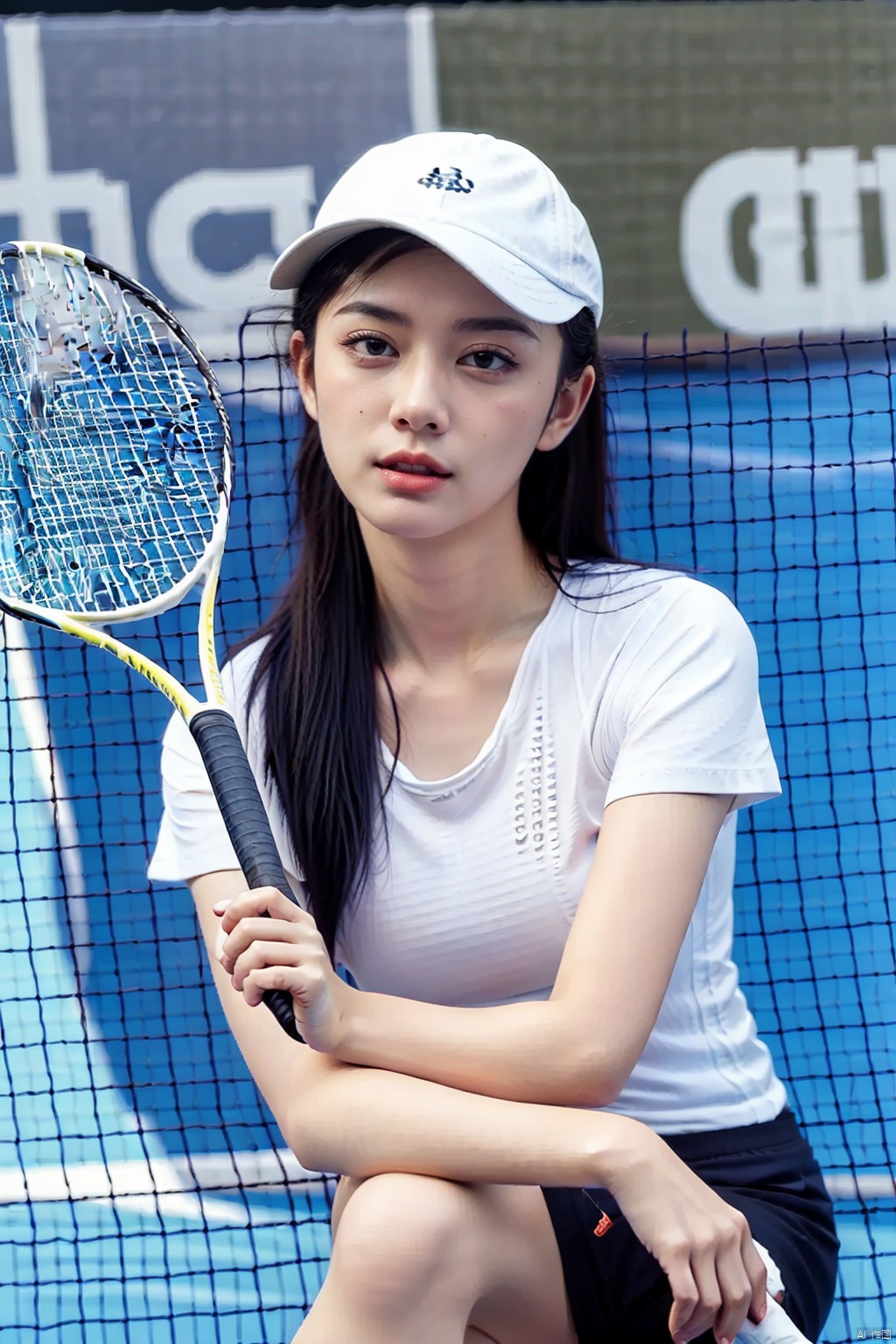 (masterpiece,best quality:1.5), ultra realistic,1girl, long hair, straight hair, portrait, mysterious forest, firefly, bokeh, mysterious, night, sky, cloud, hat, holding a tennis racket