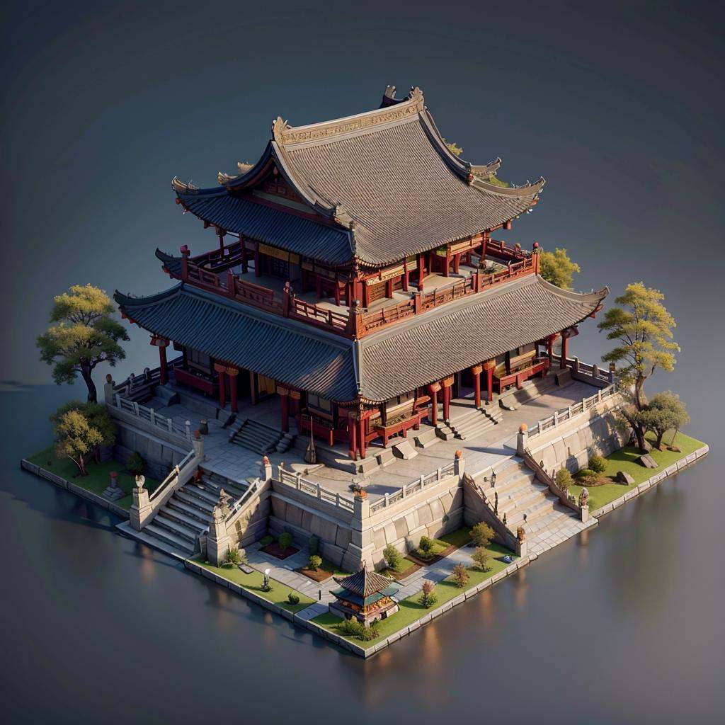 isometric chinese style architecture,restaurant,simple background, grey background, 