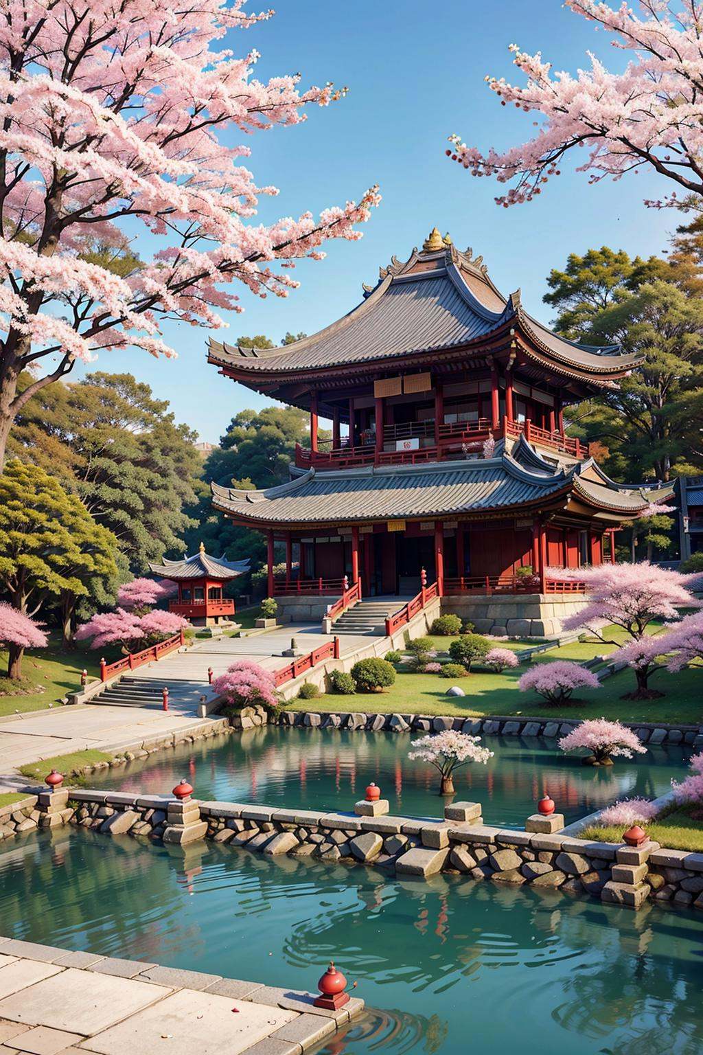 isometric chinese style architecture, tree, no humans, architecture, scenery, cherry blossoms, bridge, building, outdoors, pagoda, grass, stairs