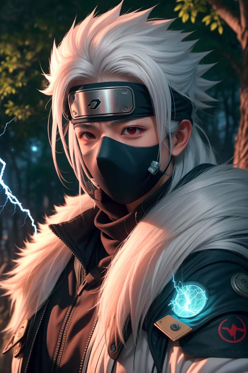 masterpiece, best quality,kakashi, 1boy, male focus, solo, mask, forehead protector, red eyes, glowing, ninja, mouth mask, konohagakure symbol, white hair, tree, electricity, magic, spiked hair, gloves, bare tree, fantasy, energy, electrokinesis, armor, artist name, watermark