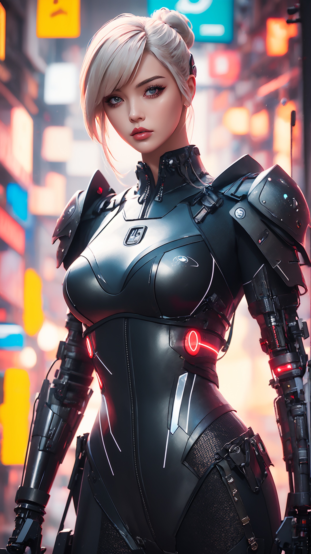 A young woman with steely eyes and a cybernetic eyepatch,  clad in a high-tech,  heavily armored cyberpunk bodysuit. The s...