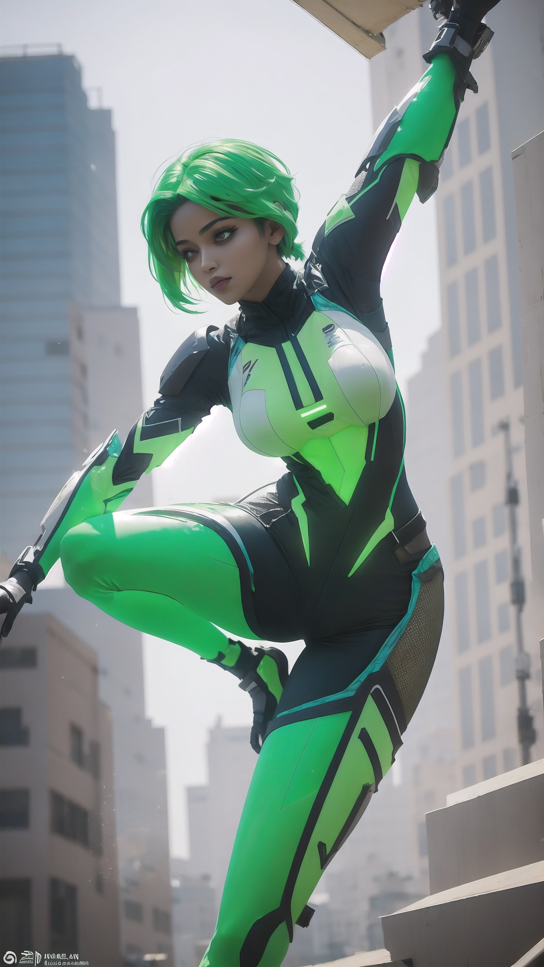 A young South Asian woman with bright green hair,  wearing a high-tech,  flexible bodysuit designed for agile movement. Th...