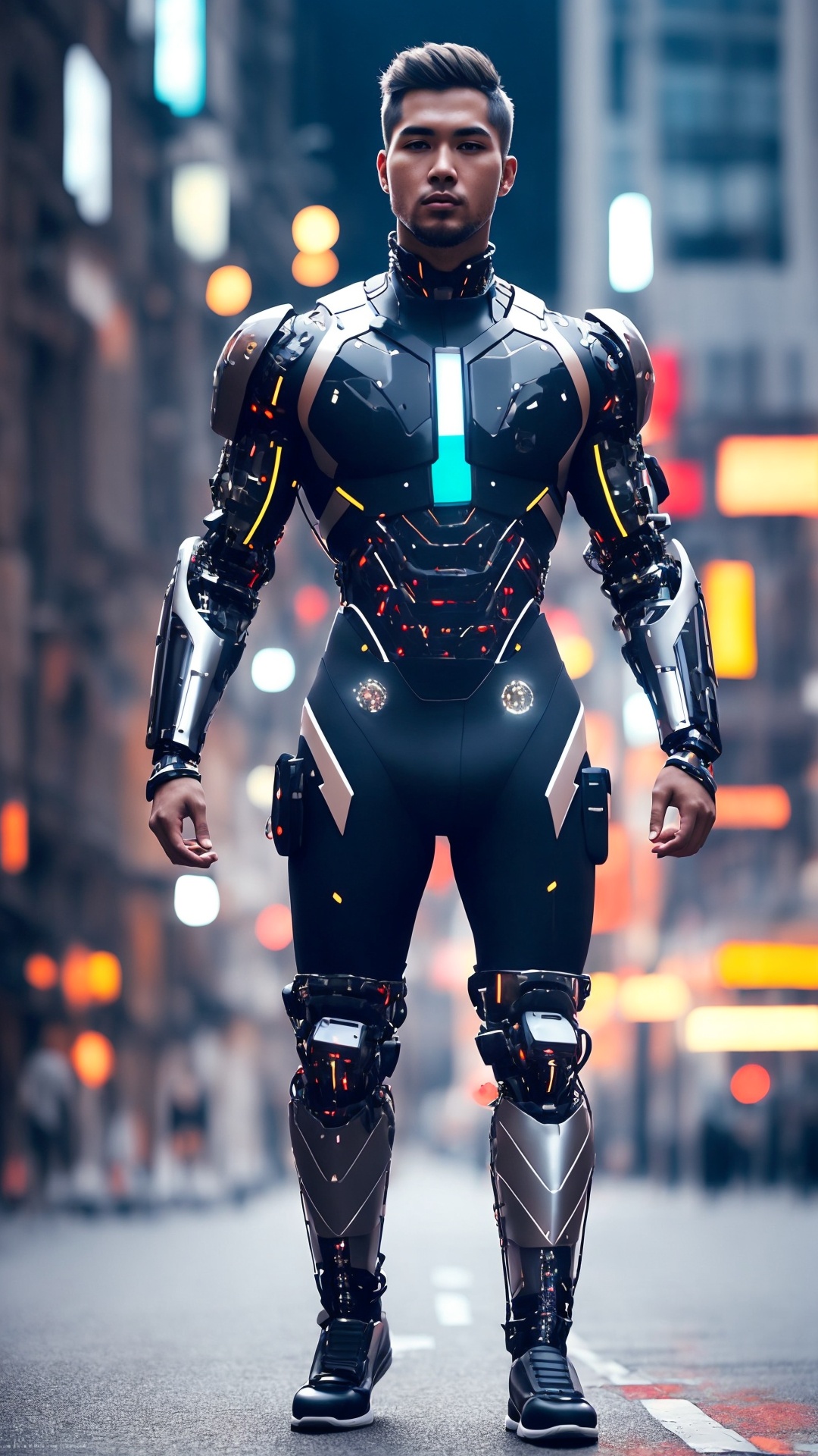 A young Indigenous man with long,  braided hair and intricate cybernetic tattoos,  wearing a high-tech bodysuit that seems...