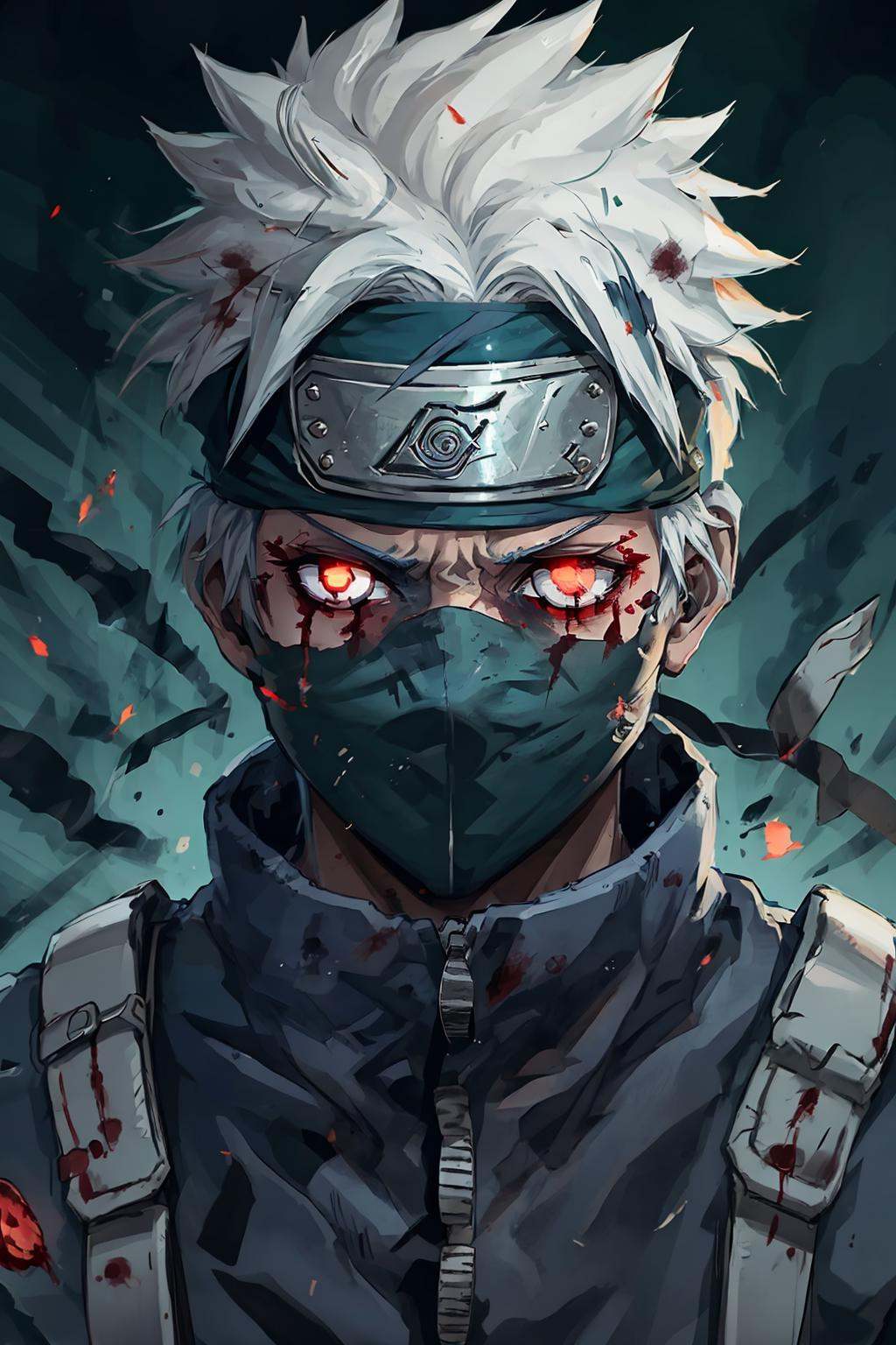 kakashi, 1boy, solo, male focus, glowing, red eyes, heterochromia, looking at viewer, glowing eye, blood, scar, ninja, glowing eyes, blood on face, scar on face