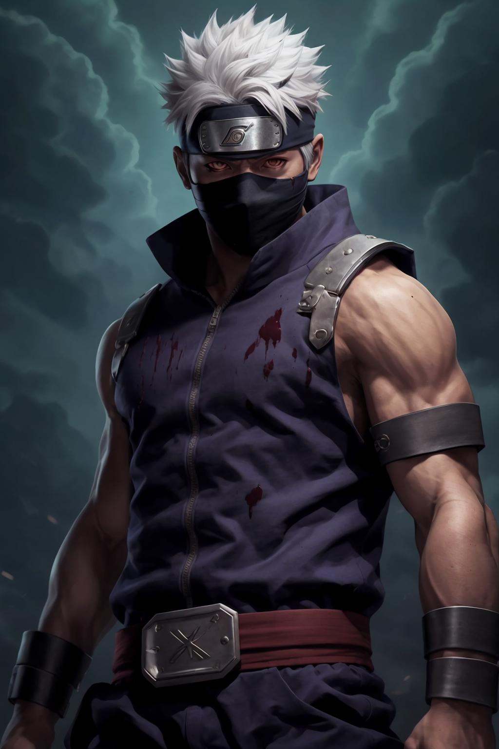 kakashi, 1boy, male focus, solo, red eyes, ninja, muscular, glowing, glowing eyes, belt, blood, sleeveless, pectorals, looking at viewer, bare shoulders, covered mouth, scar, muscular male, signature, shirt