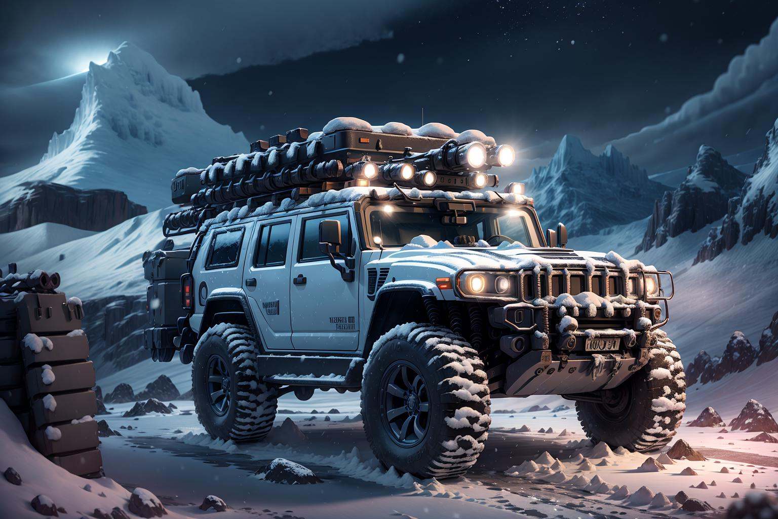 hh3, vehicle focus, no humans, sky, night, mountain, outdoors, star \(sky\), snow, night sky, scenery