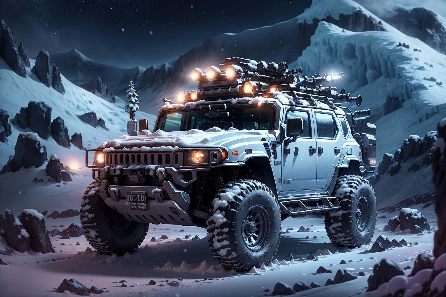 hh3, vehicle focus, no humans, sky, night, mountain, outdoors, star \(sky\), snow, night sky, scenery