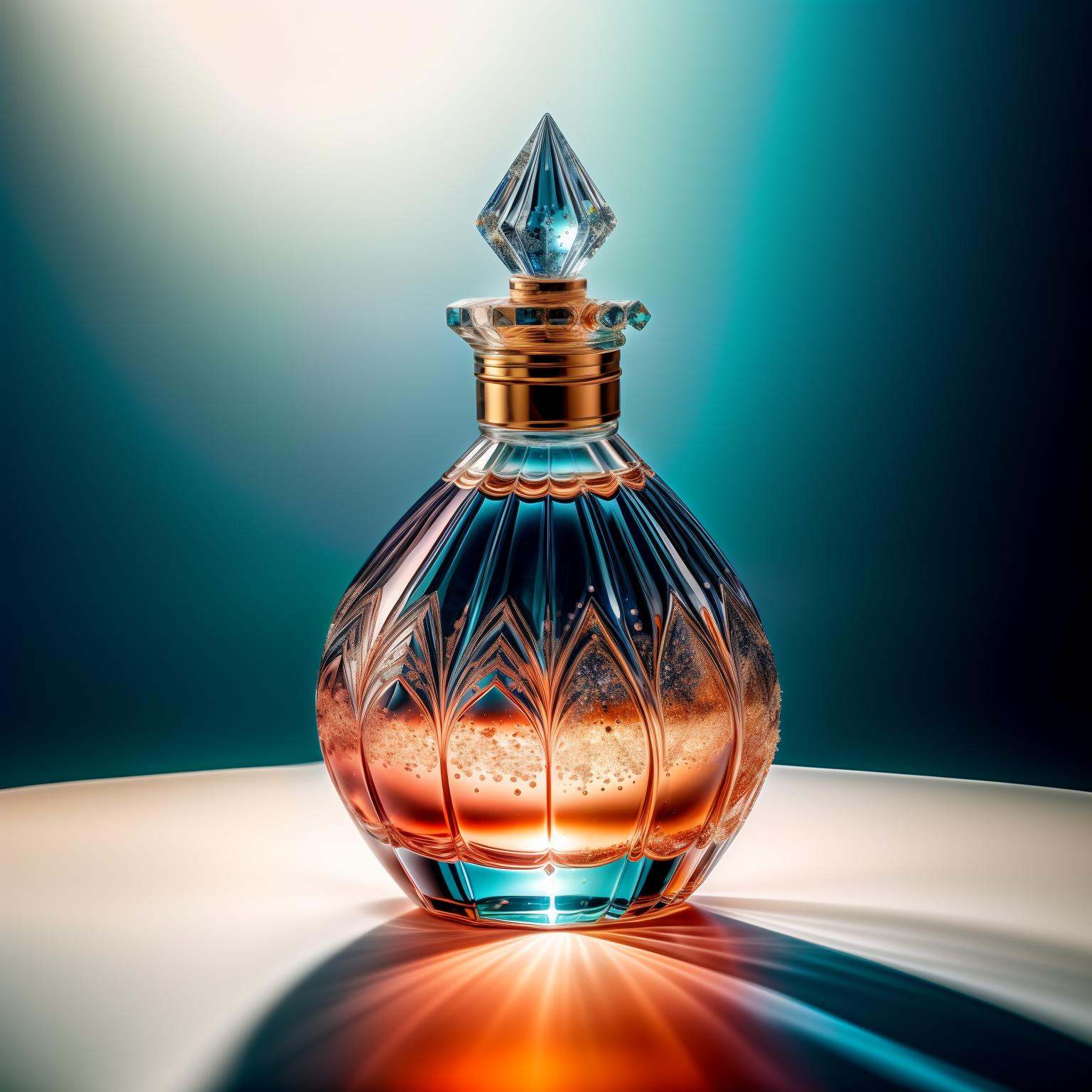 perfume bottle, no humans, gradient background, gradient, simple background, blue background, gem, transparent, light particles, shiny, liquid, 8k uhd, dslr, soft lighting, high quality, film grain, Fujifilm XT3  <lora:add_detail:1>