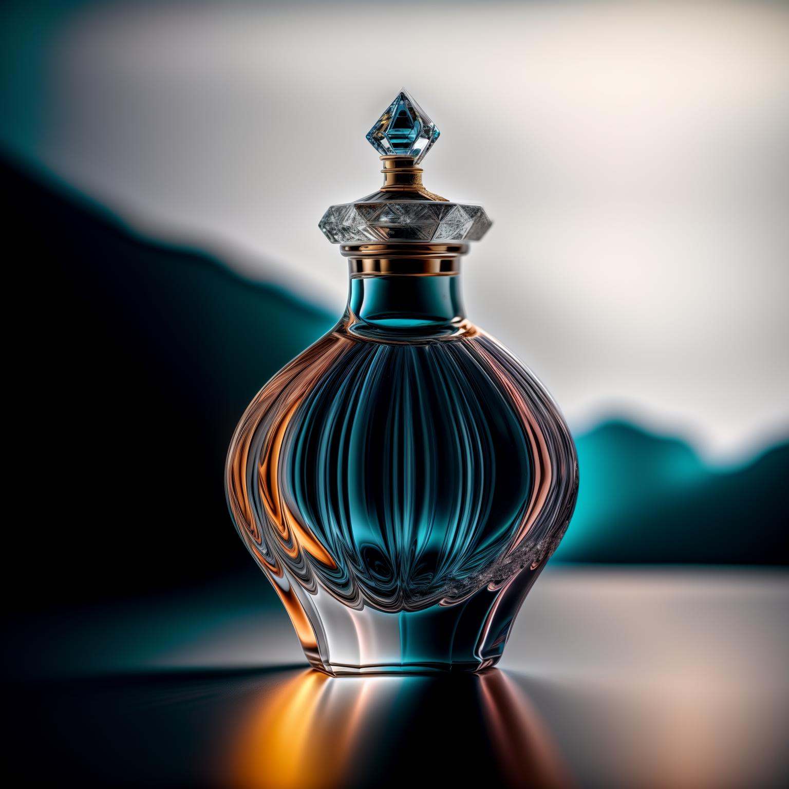 perfume bottle, no humans, gradient background, gradient, gem, simple background, blue background, grey background, black background, 8k uhd, dslr, soft lighting, high quality, film grain, Fujifilm XT3  <lora:add_detail:1>
