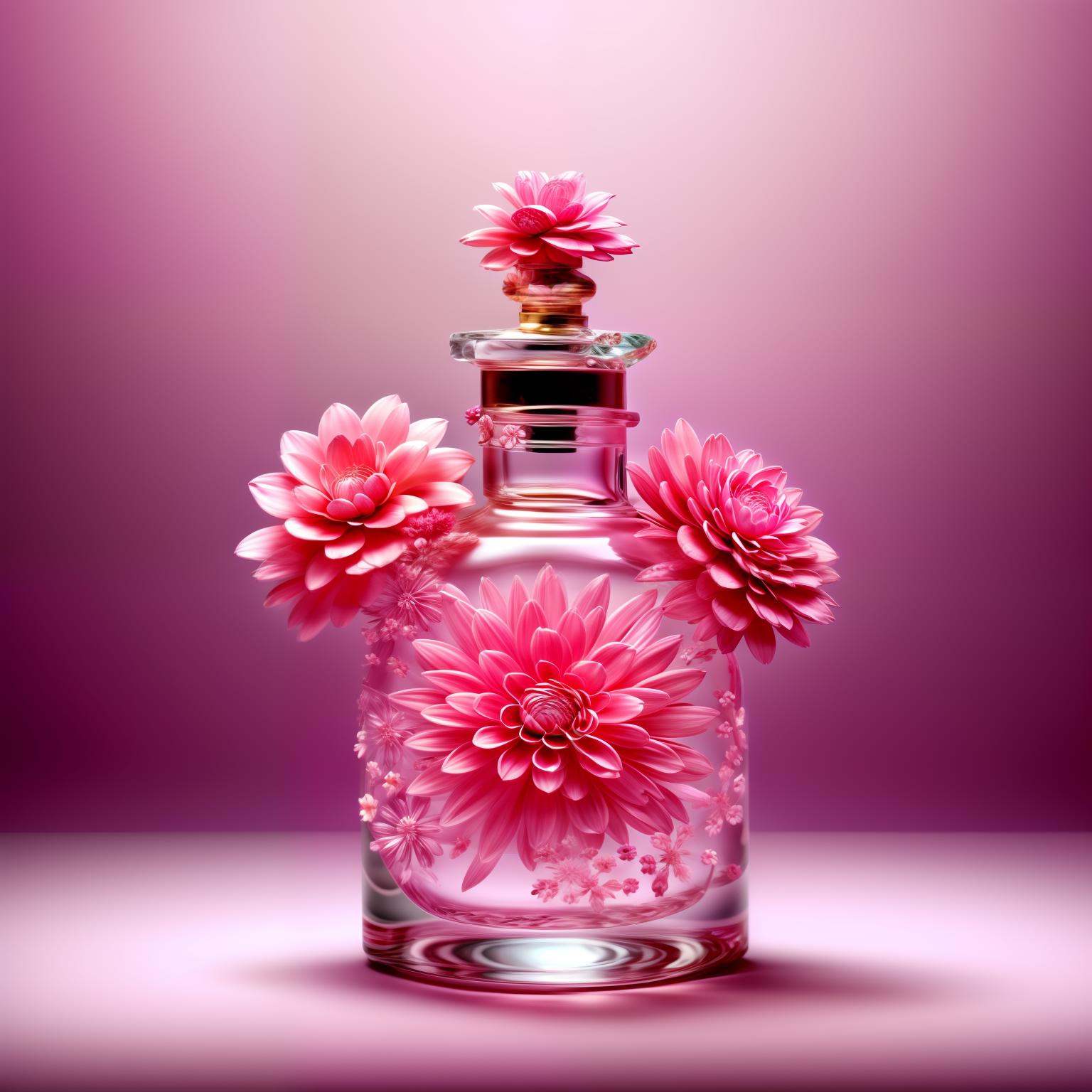 perfume bottle, no humans, gradient background, flower, gradient, pink flower, purple flower, grey background, simple background, leaf, bottle, 8k uhd, dslr, soft lighting, high quality, film grain, Fujifilm XT3  <lora:add_detail:1>