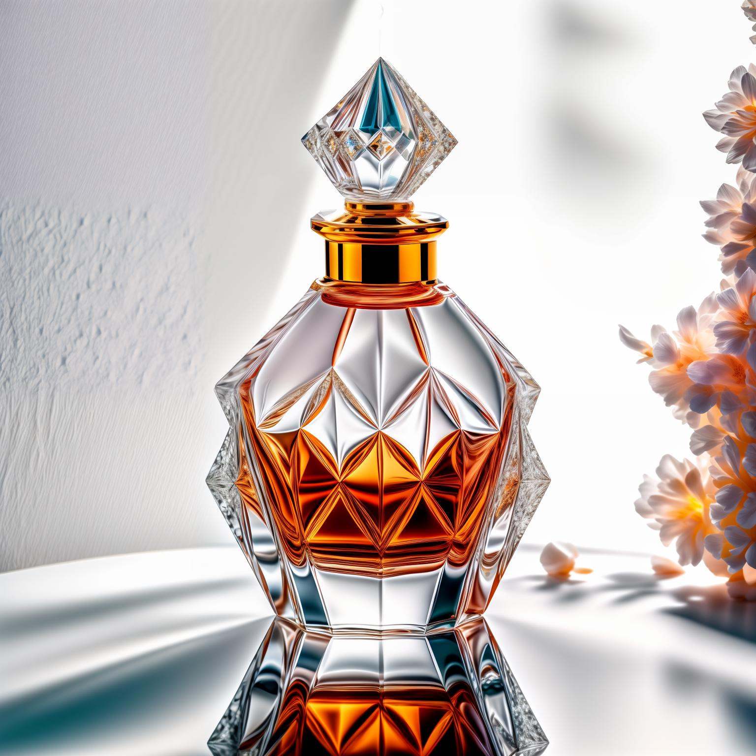 perfume bottle, no humans,((white background)), simple background, reflection, gem, hourglass, 8k uhd, dslr, soft lighting, high quality, film grain, Fujifilm XT3  <lora:add_detail:1>