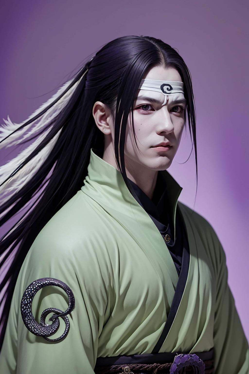 orochimaru, 1boy, red eyes, male focus, solo, snake, pale skin, simple background, purple background, upper body, looking at viewer, forehead protector, headband, shirt, robe
