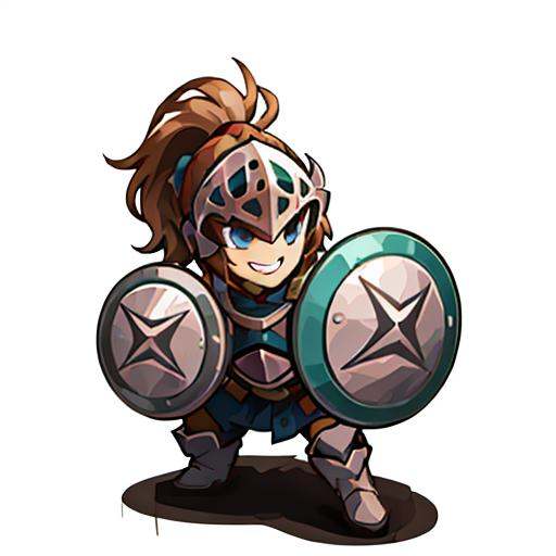 solo, shield, weapon, sword, brown hair, helmet, armor, smile, ponytail, chibi, white background, grin, male focus, full body, 1boy, simple background, blue eyes, boots