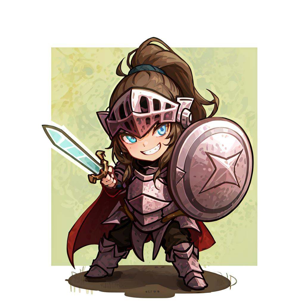 solo, shield, weapon, sword, brown hair, helmet, armor, smile, ponytail, chibi, white background, grin, male focus, full body, 1boy, simple background, blue eyes, boots