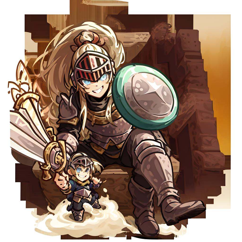 solo, shield, weapon, sword, brown hair, helmet, armor, smile, ponytail, chibi, white background, grin, male focus, full body, 1boy, simple background, blue eyes, boots