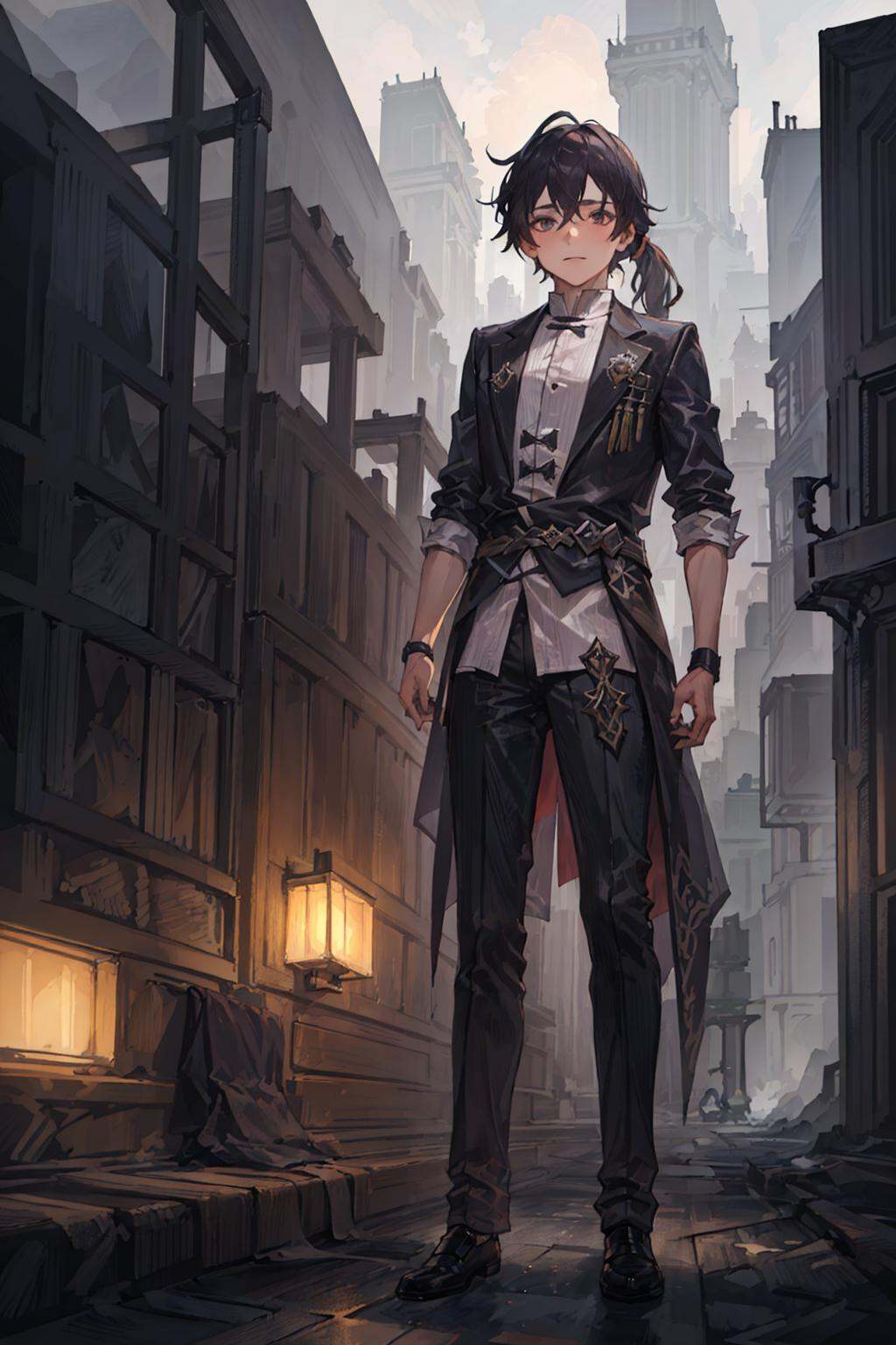 (((1boy))),Split neckline,Black hair,A handsome man,Long hair,High horsetail,solo,((single ponytail:1.3)),chinese ancient,((while background:1.5)) ,front,the whole body,Looking towards the camera,game cg, Exquisite eyes