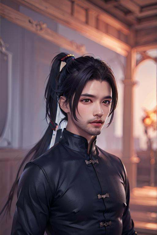 1boy,Split neckline,Black hair,A handsome man,Long hair,High horsetail,solo,((single ponytail:1.3)),chinese ancient,((while background:1.5)) ,front,the whole body,Looking towards the camera,game cg, Exquisite eyes